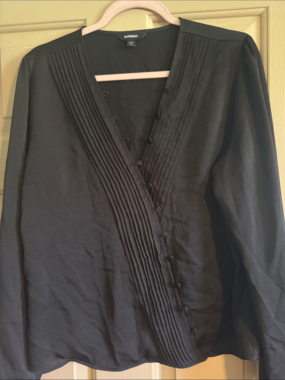 Express Black Pleated V-Neck Button Blouse